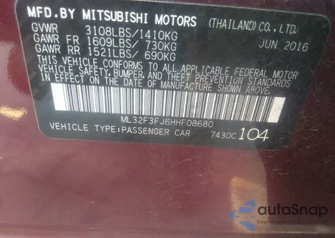 2017 Mitsubishi Mirage G4 Es z USA, uszkodzony, nr VIN ML32F3FJ6HHF08680